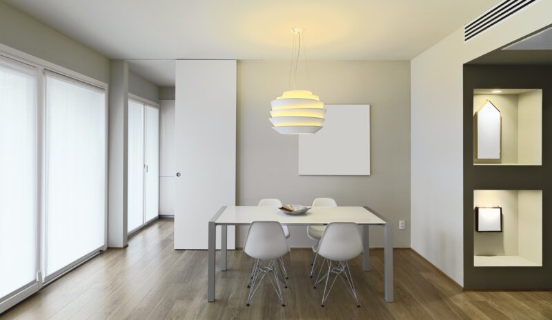 Modern Dining Room Interior with Parquet Floor